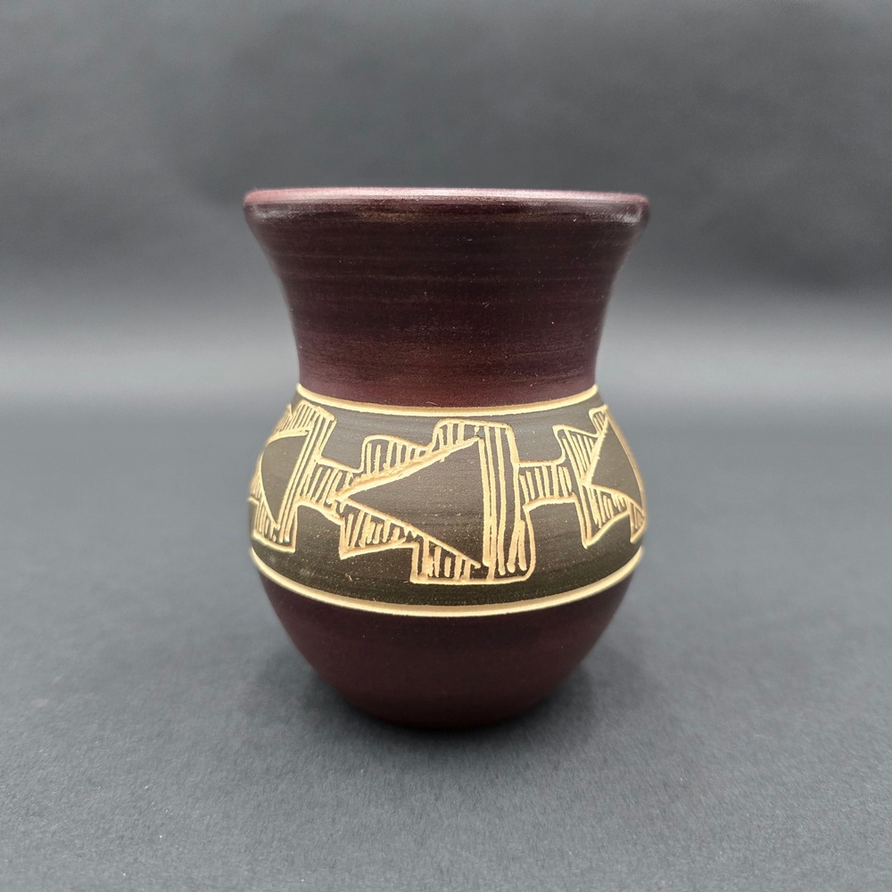 Vintage Studio Pottery Sgraffito Geometric Mini Bud Vase Brown 3.75in